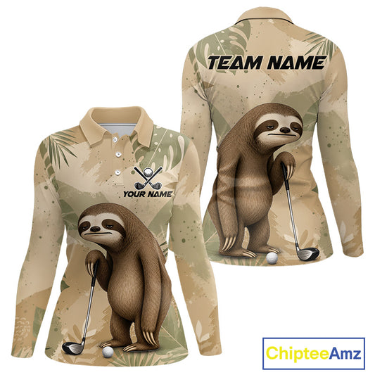 Front and back views of a long-sleeve polo shirt with an all-over tan and beige tropical camouflage pattern, featuring a cartoon sloth holding a golf club. The front has a polo collar, buttons, and customizable text/logo area, while the back shows 'TEAM NAME' and a large sloth graphic.