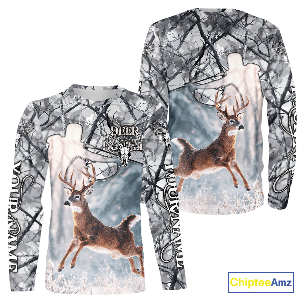 Beautiful Deer Hunting Shirt Camo Gray 3D Full Body Jumping Whitetail Deer Custom Name NHT94