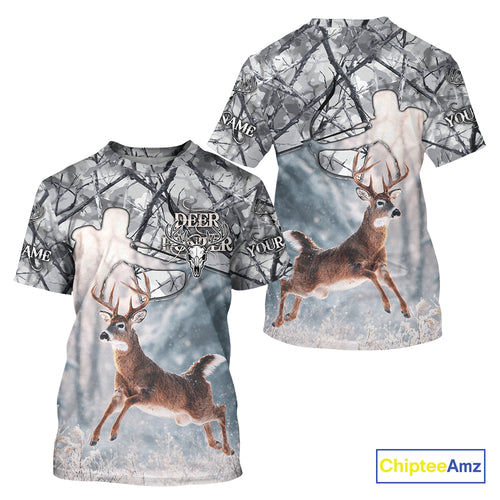 Beautiful Deer Hunting Shirt Camo Gray 3D Full Body Jumping Whitetail Deer Custom Name NHT94