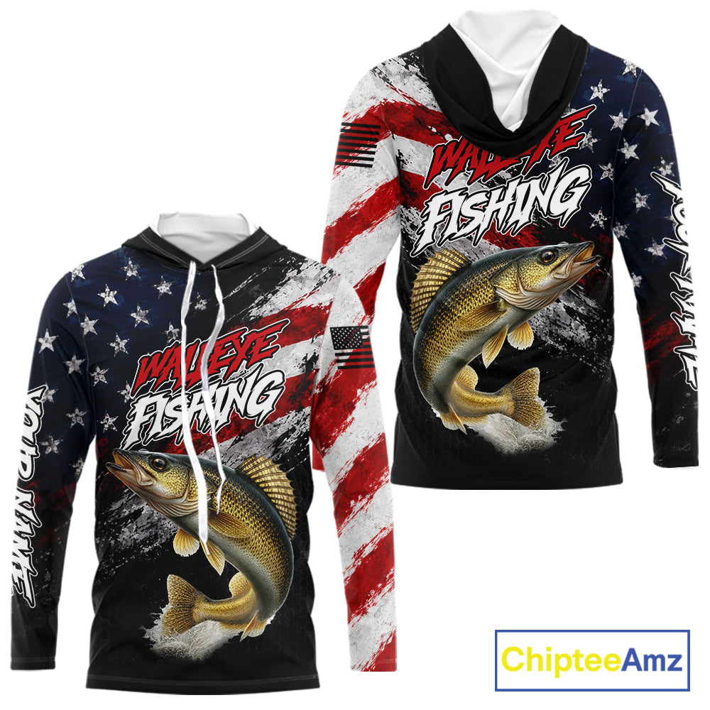 American Flag Walleye Hooded Fishing Shirt For Men, Personalized Walleye Fishing Apparel