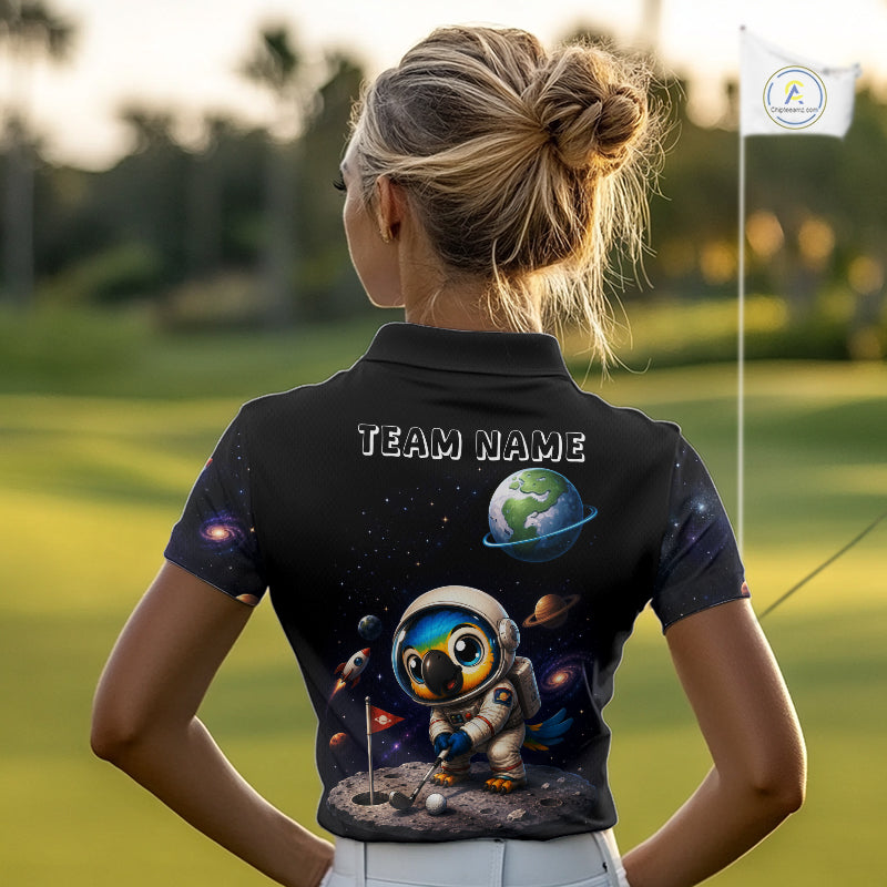 Cute space bird printed womens golf polo shirt, personalized astronaut parrot design, side view.