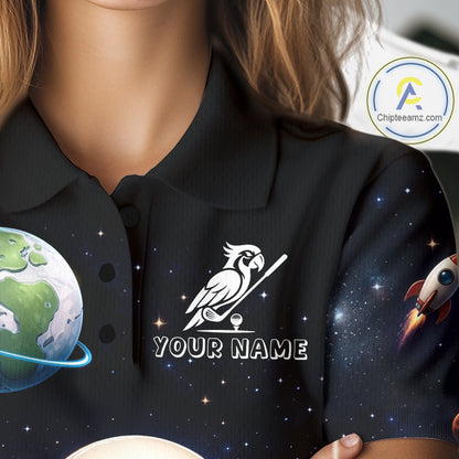 Personalized Astronaut Parrot Womens Golf Polo Shirt – Cute Space Bird Golf Shirt, Custom Team Name NHT1187