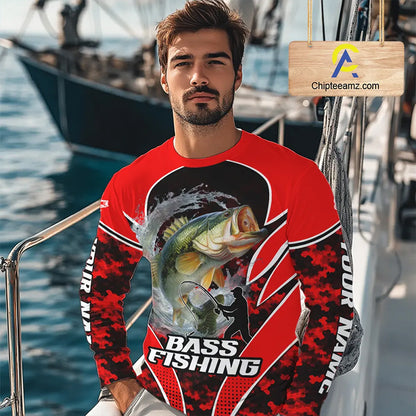 Personalized Bass Fishing Shirts Long Sleeve, UV Protection Shirt Customize Name Fishing | Red NHT394