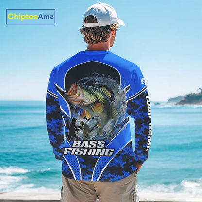 Personalized Bass Fishing Shirts Long Sleeve, UV Protection Shirt Customize Name Fishing | Blue NHT395