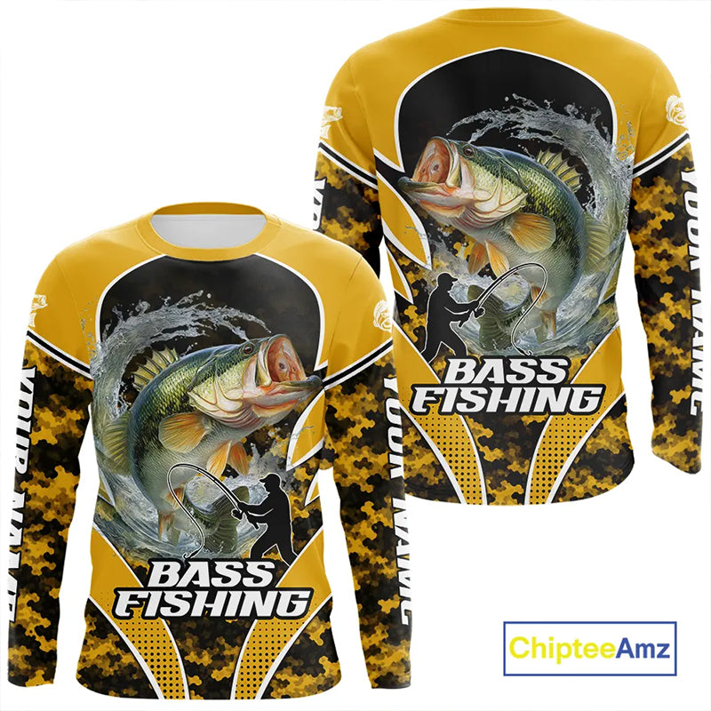 Personalized Bass Fishing Shirts Long Sleeve, UV Protection Shirt Customize Name Fishing | Yellow NHT396