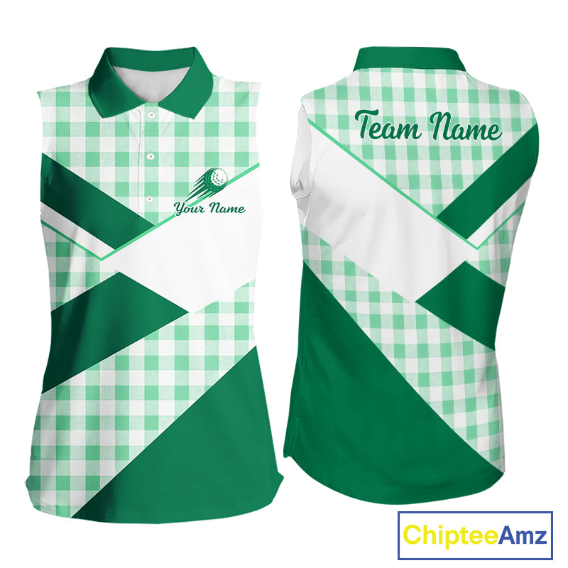 Custom Womens Sleeveless Green Gingham Plaid Golf Polo Shirts– Personalized Ladies Golf Apparel NHT716