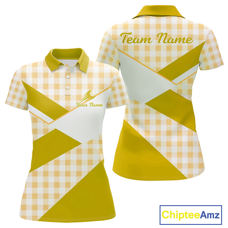 Custom Women’s Yellow Gingham Plaid Golf Polo Shirts– Personalized Ladies Golf Apparel NHT717