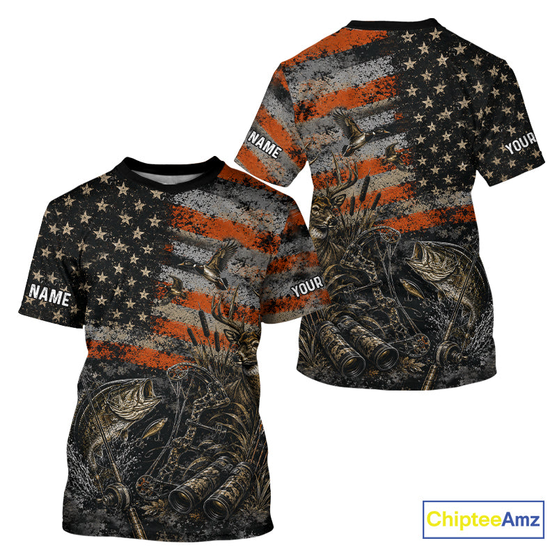 Hunting Fishing American Flag Whitetail Deer Largemouth Bass Outdoor Gift NHT1366