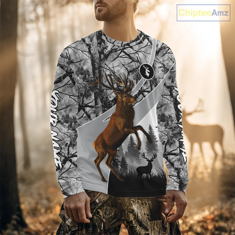Red Deer Hunting Camo Gray Custom Name 3D All Over Print Shirt, Deer Hunting Shirt NHT211