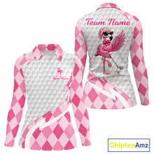 Load image into Gallery viewer, Pink Argyle Plaid Pattern Funny Flamingo Golf Wine Womens Golf Polos Shirt Custom Funny Golf Shirt For Ladies NHT738