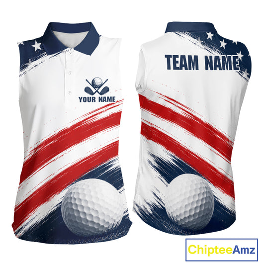 Custom USA Flag Womens Sleeveless Golf Polo Shirt – Patriotic Golf Polo With Personalized Name 