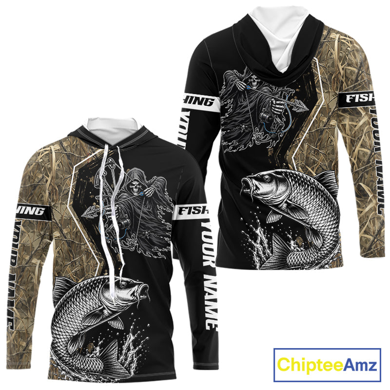 Bowfishing Shirt With Grim Reaper & Carp Fish Camo Design, Fishing Shirts Hooded Long Sleeve For Men NHT1371