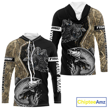 Bowfishing Shirt With Grim Reaper & Carp Fish Camo Design, Fishing Shirts Hooded Long Sleeve For Men NHT1371