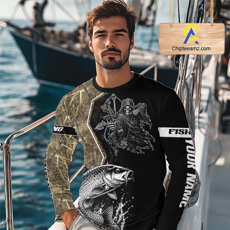 Bowfishing Shirt With Grim Reaper & Carp Fish Camo Design, Fishing Shirts Long Sleeve For Men NHT1371