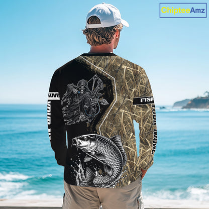 Bowfishing Shirt With Grim Reaper & Carp Fish Camo Design, Fishing Shirts Long Sleeve For Men NHT1371