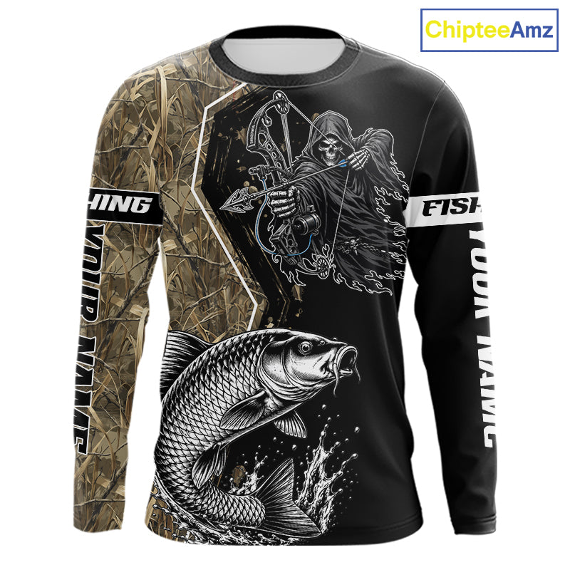 Bowfishing Shirt With Grim Reaper & Carp Fish Camo Design, Fishing Shirts Long Sleeve For Men NHT1371
