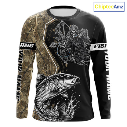 Bowfishing Shirt With Grim Reaper & Carp Fish Camo Design, Fishing Shirts Long Sleeve For Men NHT1371