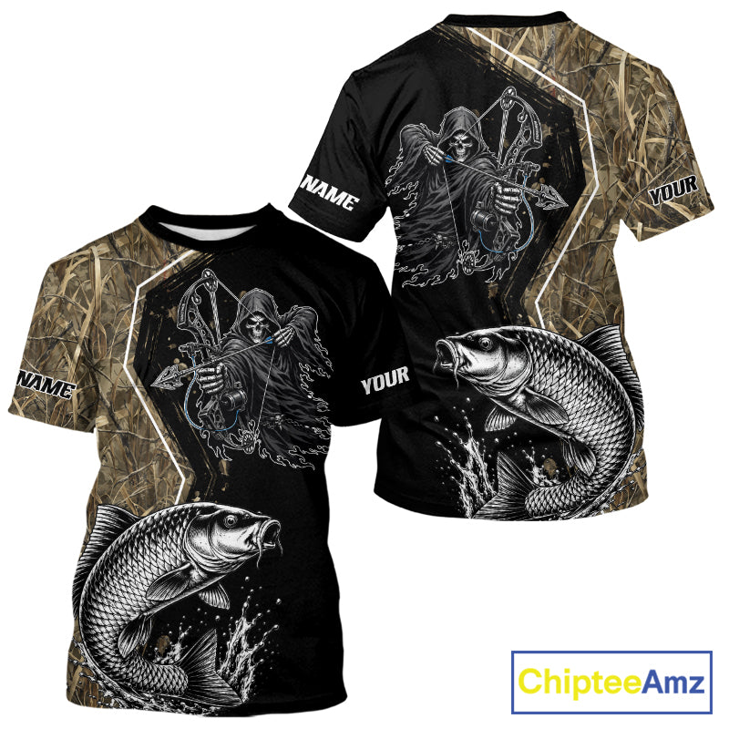 Bowfishing Shirt With Grim Reaper & Carp Fish Camo Design, Fishing Shirts Short Sleeve For Men NHT1371