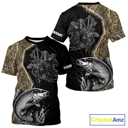 Bowfishing Shirt With Grim Reaper & Carp Fish Camo Design, Fishing Shirts Short Sleeve For Men NHT1371