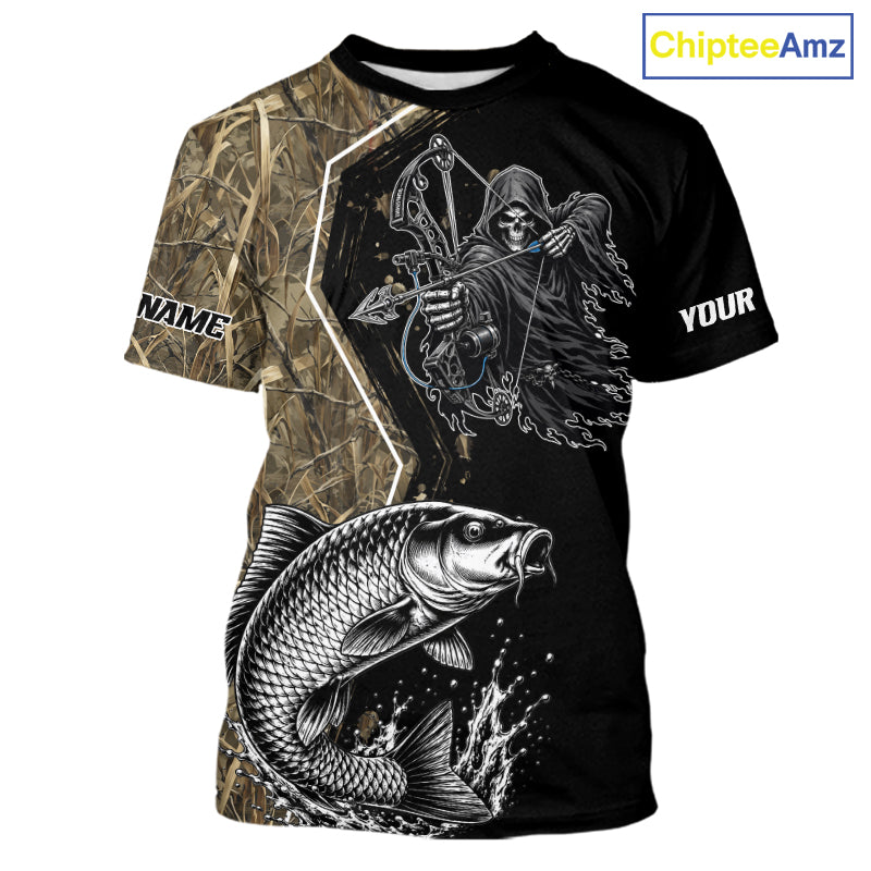 Bowfishing Shirt With Grim Reaper & Carp Fish Camo Design, Fishing Shirts Short Sleeve For Men NHT1371