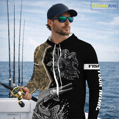 Bowfishing Shirt With Grim Reaper & Alligator Gar Fish Camo Design, Fishing Shirts Hooded For Men NHT1372