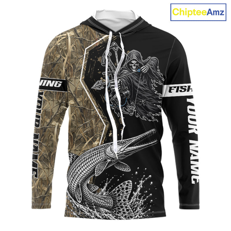 Bowfishing Shirt With Grim Reaper & Alligator Gar Fish Camo Design, Fishing Shirts Hooded For Men NHT1372