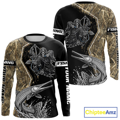 Bowfishing Shirt With Grim Reaper & Alligator Gar Fish Camo Design, Fishing Shirts For Men NHT1372