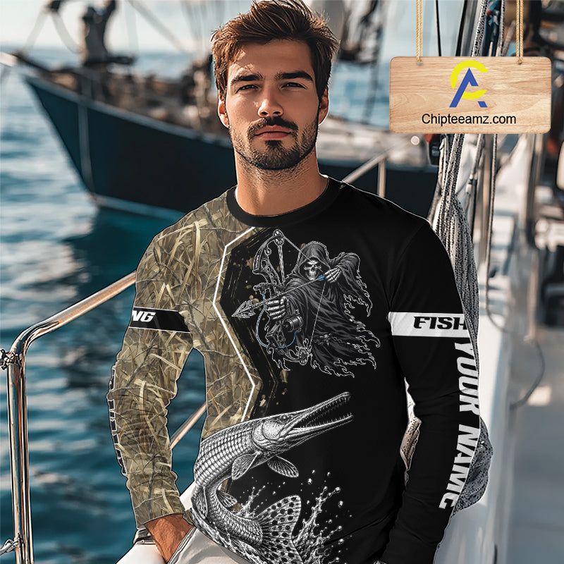 Bowfishing Shirt With Grim Reaper & Alligator Gar Fish Camo Design, Fishing Shirts For Men NHT1372