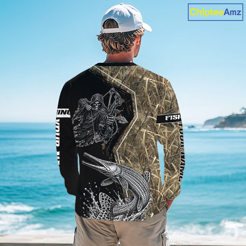 Bowfishing Shirt With Grim Reaper & Alligator Gar Fish Camo Design, Fishing Shirts For Men NHT1372