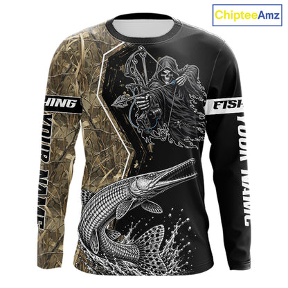Bowfishing Shirt With Grim Reaper & Alligator Gar Fish Camo Design, Fishing Shirts For Men NHT1372
