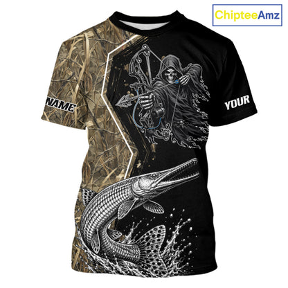 Bowfishing Shirt With Grim Reaper & Alligator Gar Fish Camo Design, Fishing Shirts Short Sleeve For Men NHT1372