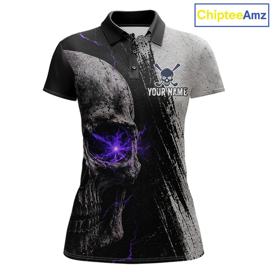 Personalized Skull Womens Golf Polo Shirt Purple Lightning Custom Team Name Golf Shirt 
