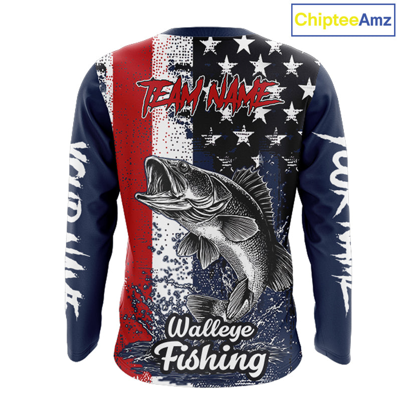Walleye Custom US Flag Long Sleeve Fishing Shirt, Men's Fishing Shirt NHT412