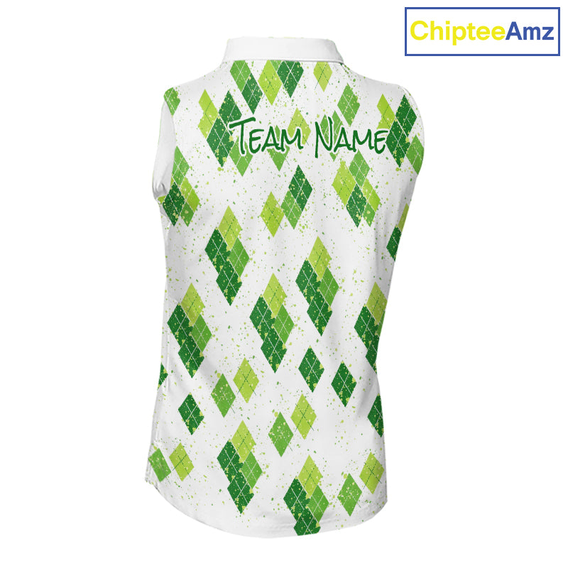 Green Argyle Womens Sleeveless Golf Polo Shirt, Pattern Golf Shirts Custom Team Golf Polo NHT574