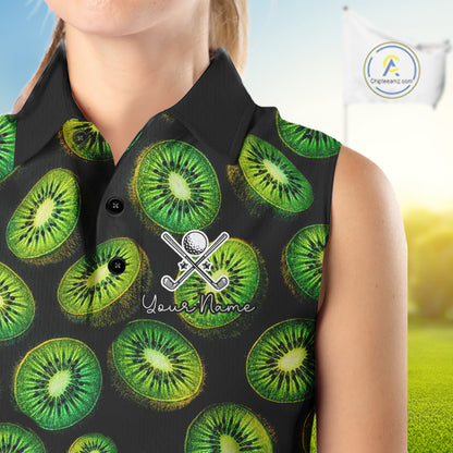 Funny Colorful Kiwi In Dark Womens Sleeveless Golf Polo Shirt,  Funny Fruit Pattern Polo Top NHT579
