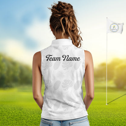 Sleeveless Womens Golf Polo Shirts Custom Gray Tropical Leaves Golf Shirts, Best Womens Golf Wears NHT783