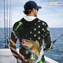 Load image into Gallery viewer, Best Walleye Fishing Shirts Long Sleeve Hooded American Flag Patriotic Custom Name Fishing Jersey NHT967