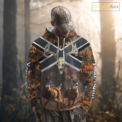 Hunting Shirt with Running Deer Design US Flag - Orange Camo Custom Name 3D Print NHT329
