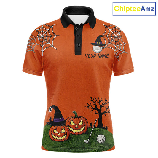 An orange short-sleeve polo shirt with a black collar, featuring Halloween-themed graphics including spiderwebs, jack-o'-lanterns, a bare tree, a witch hat, and a golf ball. The shirt has a customizable text placeholder 'YOUR NAME' on the chest.