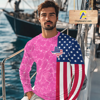 Man wearing a shirt with a pink water pattern and American flag design on a boat.