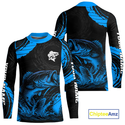 Personalized Bass Fishing Jerseys, Bass Fishing Scale Long Sleeve Shirt| Blue NHT387