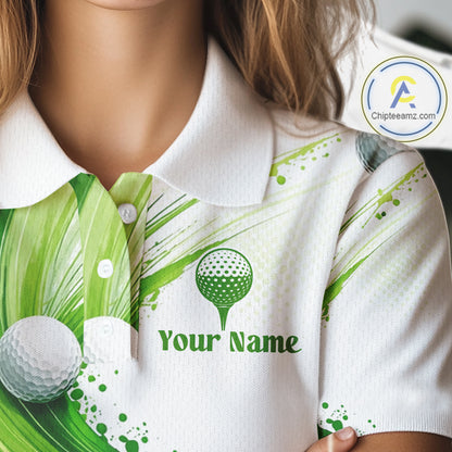 Custom Green Wave Womens Golf Polo Shirt With Ball Design Personalized Team Name & Name Golf Shirt NHT623