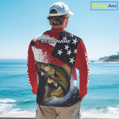Personalized Walleye Fishing Jerseys, Custom American Flag Walleye Fishing Shirts Long Sleeve NHT488