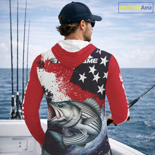 Load image into Gallery viewer, Personalized Striped Bass Fishing Jerseys, Custom American Flag Bass Hooded Fishing Shirts Long Sleeve NHT489