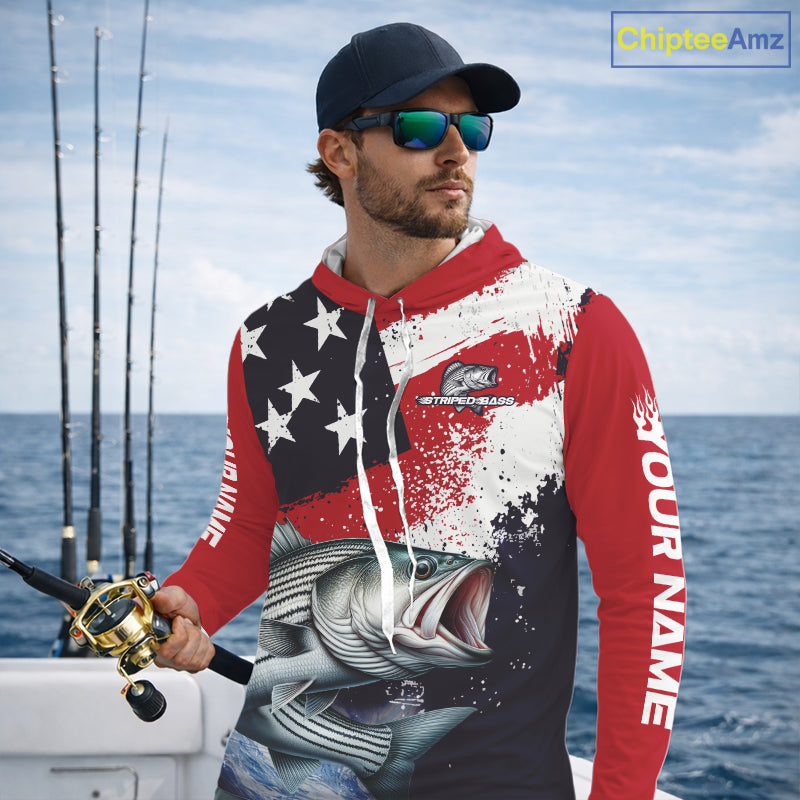 Personalized Striped Bass Fishing Jerseys, Custom American Flag Bass Hooded Fishing Shirts Long Sleeve NHT489