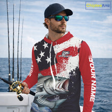Load image into Gallery viewer, Personalized Striped Bass Fishing Jerseys, Custom American Flag Bass Hooded Fishing Shirts Long Sleeve NHT489