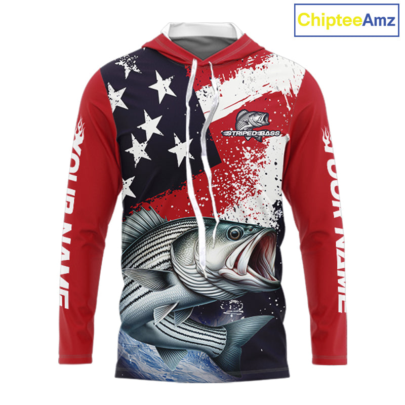 Personalized Striped Bass Fishing Jerseys, Custom American Flag Bass Hooded Fishing Shirts Long Sleeve NHT489