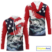 Load image into Gallery viewer, Personalized Striped Bass Fishing Jerseys, Custom American Flag Bass Hooded Fishing Shirts Long Sleeve NHT489