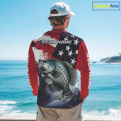 Personalized Crappie Fishing Jerseys, Custom American Flag Crappie Fishing Shirts Long Sleeve NHT491