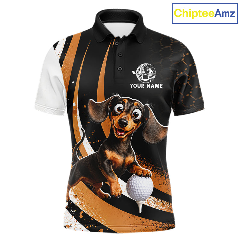 A custom printed short-sleeve polo shirt featuring a dachshund dog graphic on a black and gold patterned background, with a white sleeve and a customizable name print on the chest. A 'ChipteeAmz' logo is visible in the top right corner.